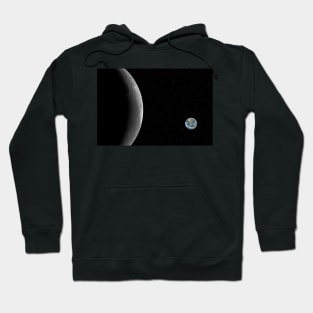 Closeup of the Moon and small planet Earth against starry night sky Hoodie